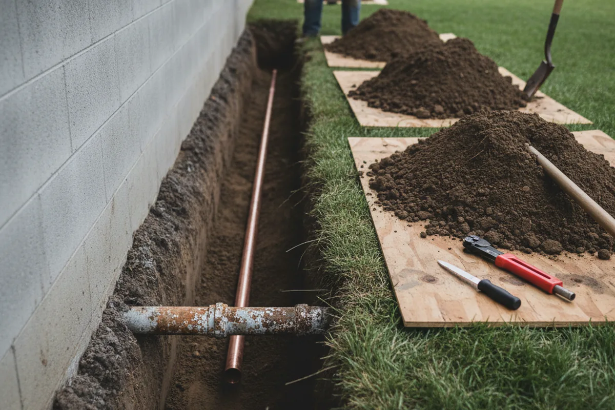 Excavated water line trench during Sewer Line Repair in Lizella